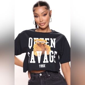 Fashion Nova Black Crop Top with Graphic Design